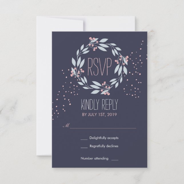 Navy Blue Pink Flower Wreath Wedding RSVP Card (Front)