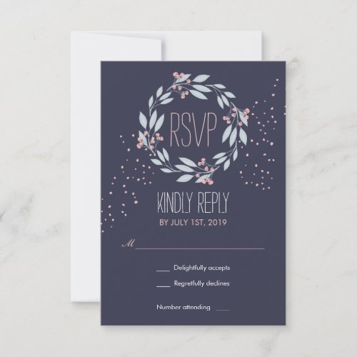 Navy Blue Pink Flower Wreath Wedding RSVP Card