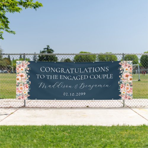 Navy Blue Pink Flowers Congratulations Engagement Banner