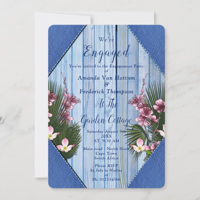 Navy - Blue  & Pink Flowers Engagement Invitation (Front)