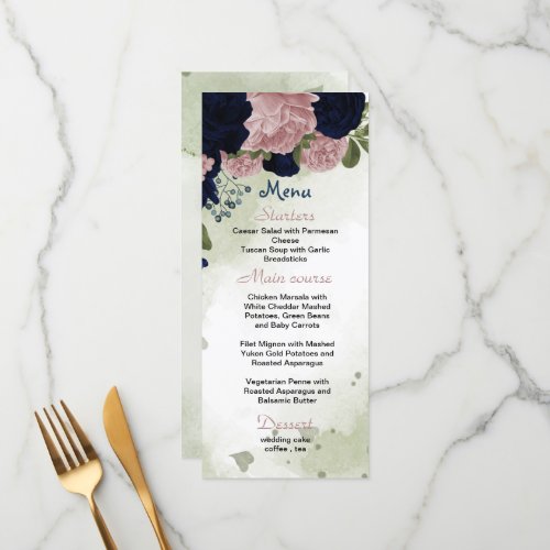 navy blue  pink flowers greenery wedding menu