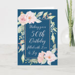 Navy Blue Pink Flowers Happy 50th Birthday Card<br><div class="desc">Happy 50th birthday card in navy blue with pink watercolor flowers and thoughtful verse.</div>