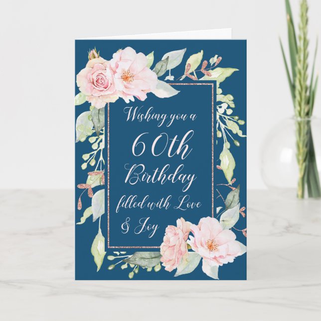 Navy Blue Pink Flowers Happy 60th Birthday Card (Front)