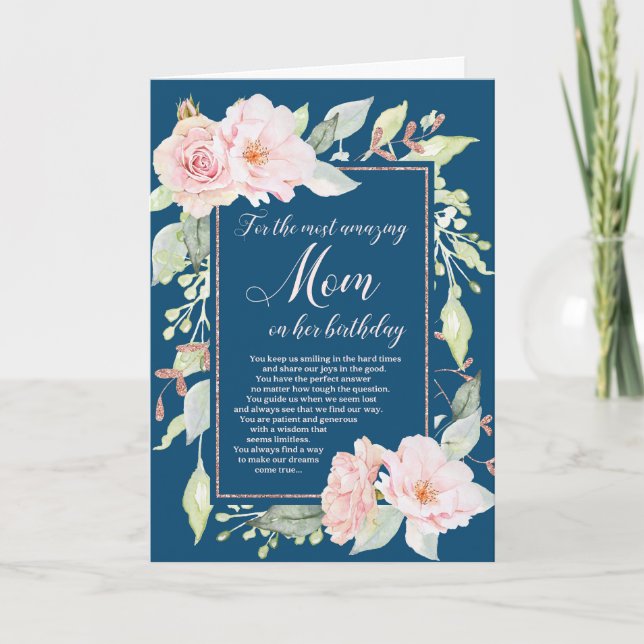 Navy Blue Pink Flowers Mother's Birthday Card (Front)