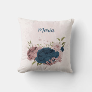 navy blue pink flowers  throw pillow