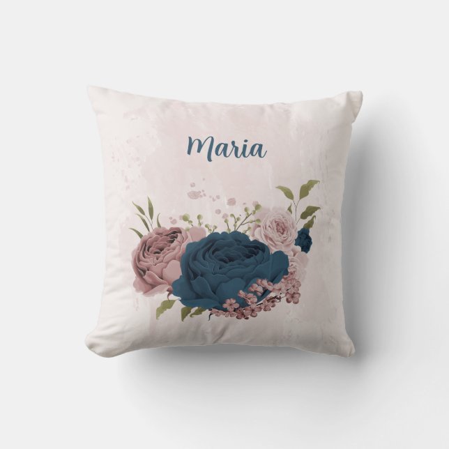 navy blue pink flowers  throw pillow (Front)