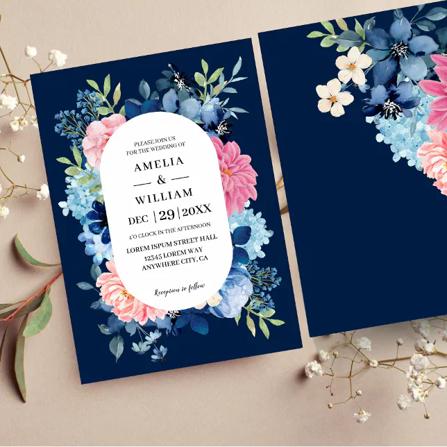 Navy blue pink flowers watercolor floral Wedding Invitation | Zazzle