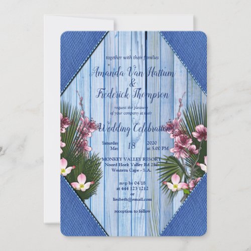 Navy _ Blue   Pink Flowers Wedding Invitation