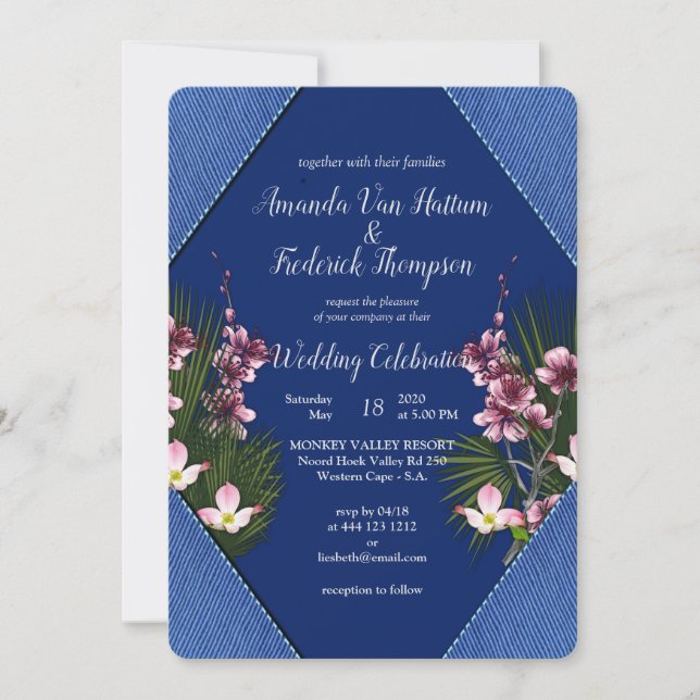 Navy - Blue  & Pink Flowers Wedding Invitation (Front)