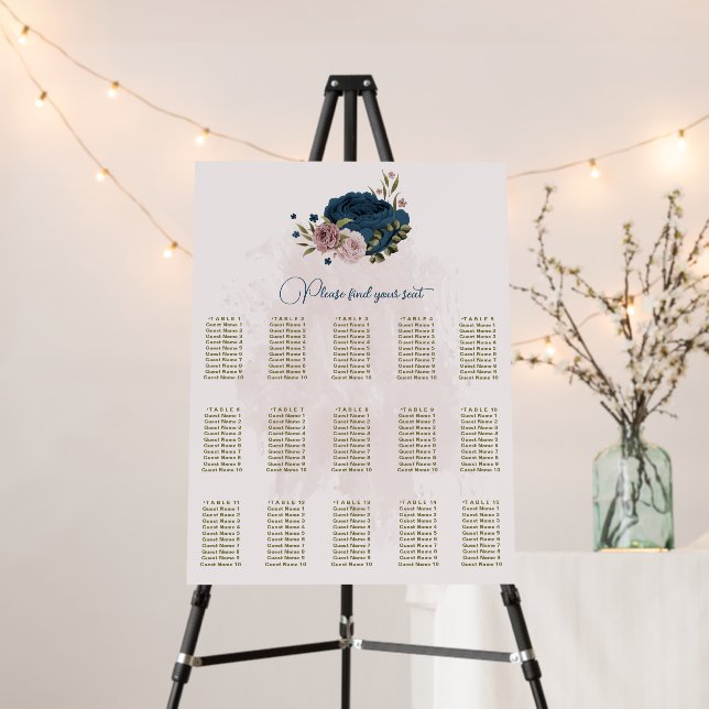 navy blue pink flowers wedding seating chart foam board (In Situ (Stand))