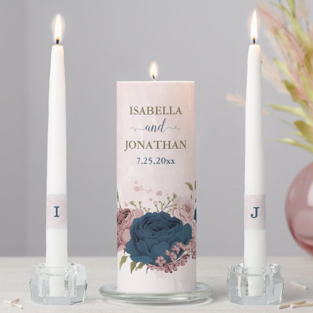 navy blue pink flowers wedding unity candle set (In Situ)