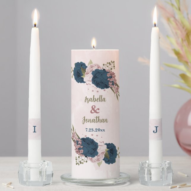 navy blue pink flowers wedding unity candle set (In Situ)