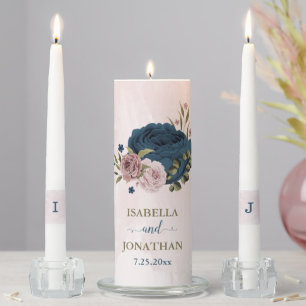 navy blue pink flowers wedding unity candle set