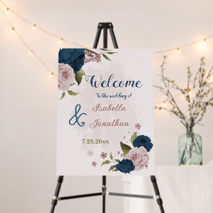 navy blue pink flowers wedding welcome sign