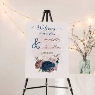 navy blue pink flowers wedding welcome sign