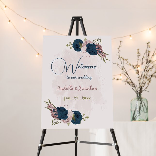 navy blue pink flowers wedding welcome sign (In Situ (Stand))
