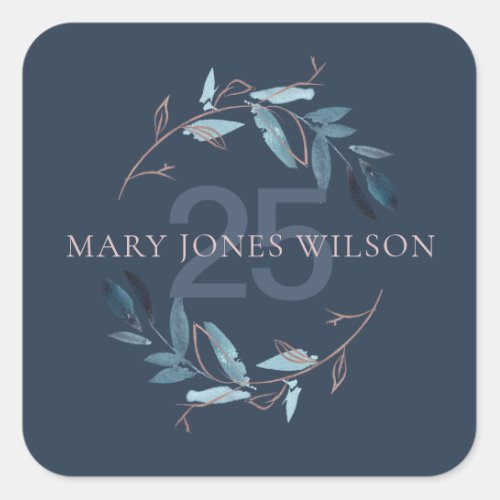 NAVY BLUE PINK FOLIAGE WREATH ANY AGE BIRTHDAY SQUARE STICKER