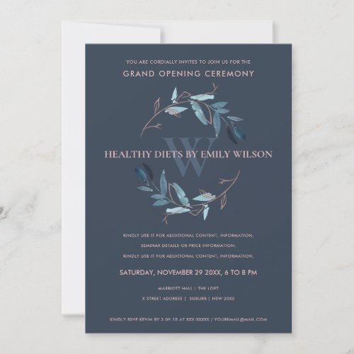 NAVY BLUE PINK FOLIAGE WREATH GRAND OPENING INVITE