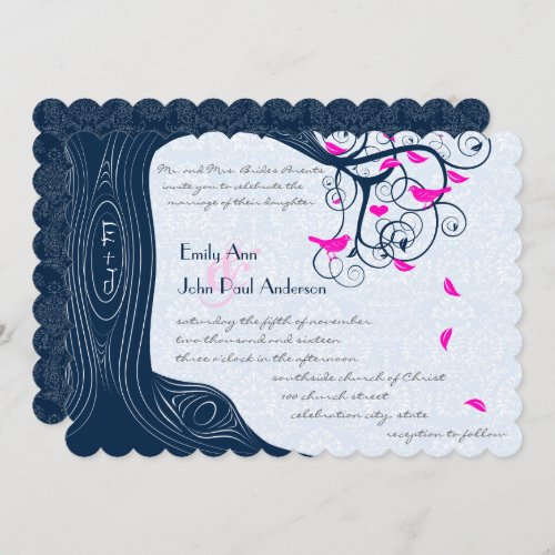 Navy Blue Pink Forest Love Bird Wedding Invitation