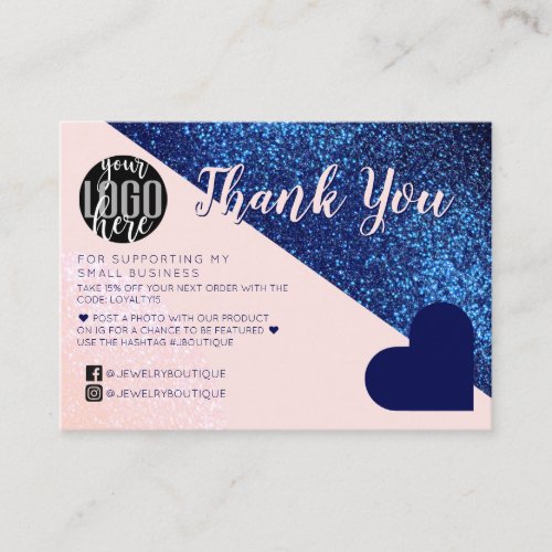 Navy Blue Pink Glitter Geo Logo Customer Thank You Business Card