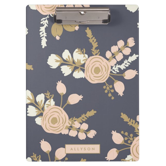 Navy Blue Pink Gold Floral Office Clipboard (Front)
