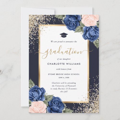 Navy Blue Pink Gold Floral Photo Graduation Announcement