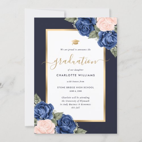 Navy Blue Pink Gold Floral Photo Script Graduation Announcement