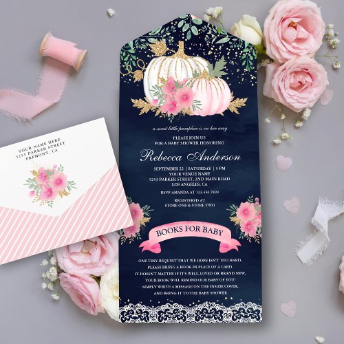 Navy Blue Pink Gold Floral Pumpkin Baby Shower All In One Invitation