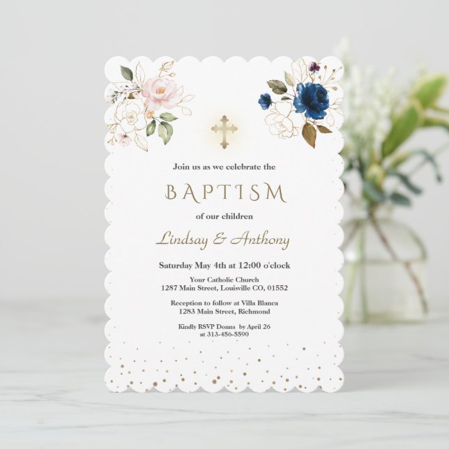 Navy Blue Pink Gold Flowers Twins Baptism  Invitation (Standing Front)