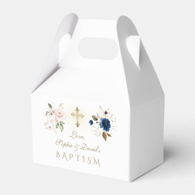 Navy Blue Pink Gold FlowersTwins Baptism Favor Boxes (Back Side)