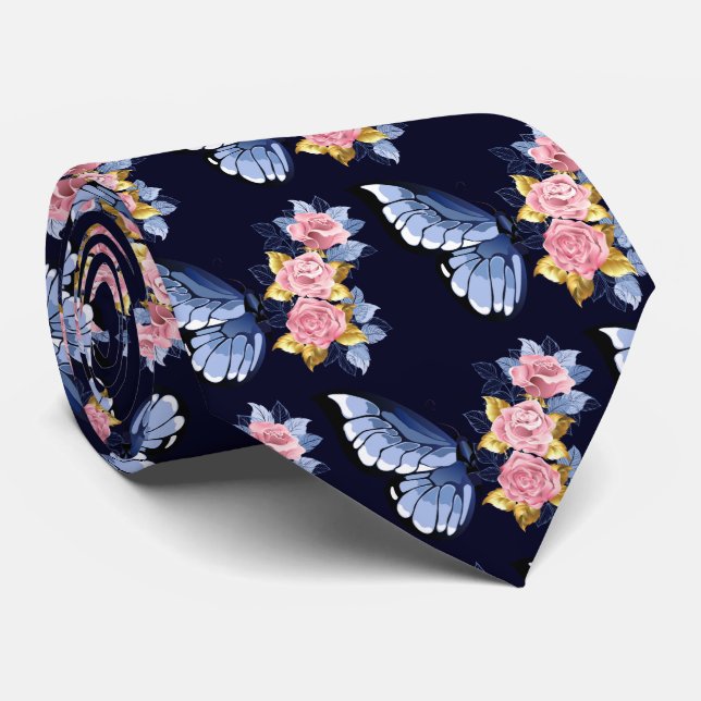 Navy Blue Pink Gold Rose Butterfly Pattern Neck Tie (Rolled)
