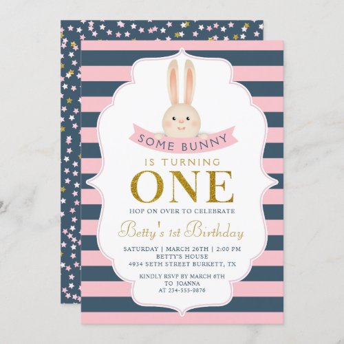 Navy Blue  Pink Gold Some Bunny First Birthday Invitation