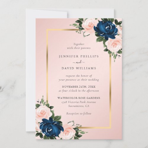 Navy Blue Pink Gold Watercolor Floral Wedding Invitation