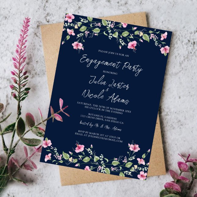 Navy Blue Pink Hibiscus Bloom Rehearsal Dinner Invitation (Creator Uploaded)