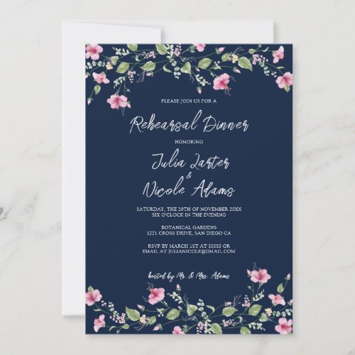 Navy Blue Pink Hibiscus Bloom Rehearsal Dinner Invitation