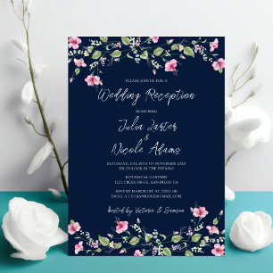 Navy Blue Pink Hibiscus Bloom Wedding Reception Invitation