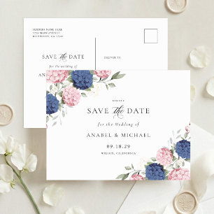 Navy Blue & Pink Hydrangea Save the Date Postcard