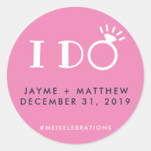 Navy Blue Pink I Do Wedding Couple Hashtag Round