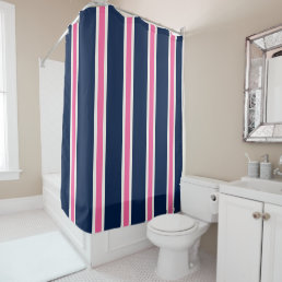 Navy Blue Pink Khaki Stripes Personalized Shower Curtain