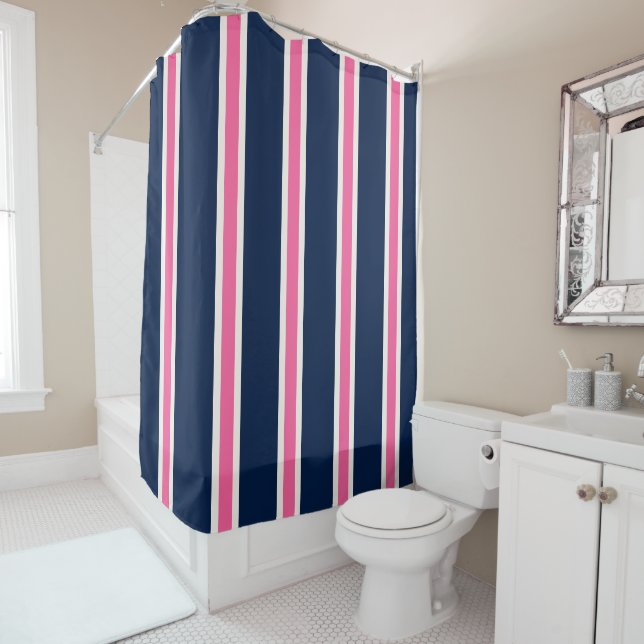 Navy Blue Pink Khaki Stripes Personalized Shower Curtain (In Situ)