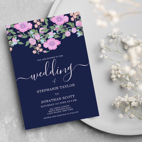 Navy blue pink lavender gold floral wedding invitation