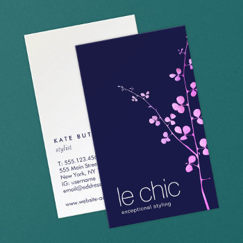 Navy Blue Pink  Leaves Branch Business Card by sm_business_cards at Zazzle
