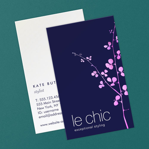 Navy Blue Pink Leaves Branch Business Card