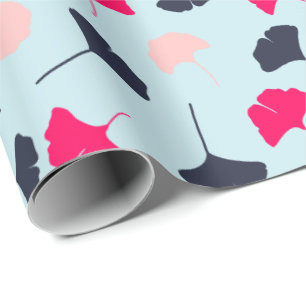 Navy Blue, Pink, Light Blue Ginkgo Leaves Pattern Wrapping Paper