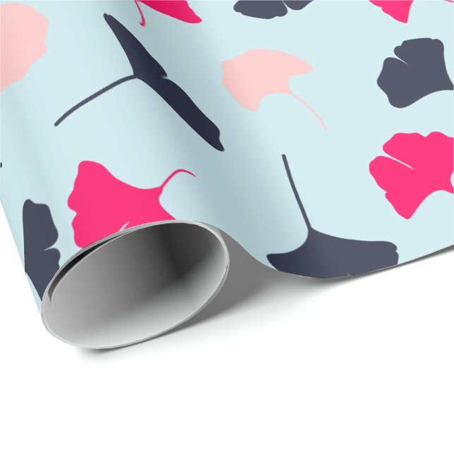 Navy Blue, Pink, Light Blue Ginkgo Leaves Pattern Wrapping Paper (Roll Corner)