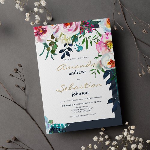  Navy blue pink lilac white green floral wedding Invitation