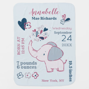 Navy Blue & Pink Little Elephant Baby Birth Stats Baby Blanket