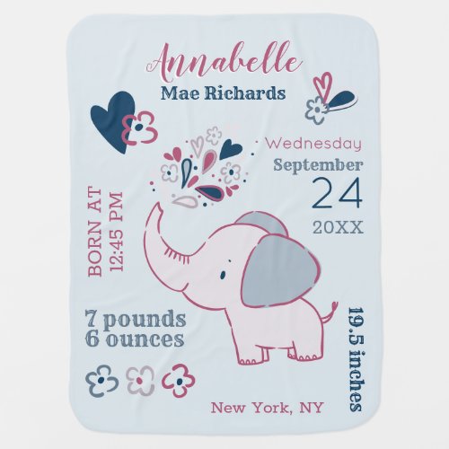 Navy Blue  Pink Little Elephant Baby Birth Stats Baby Blanket
