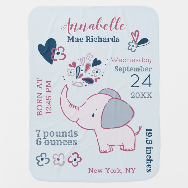 Navy Blue & Pink Little Elephant Baby Birth Stats Blanket (Front)