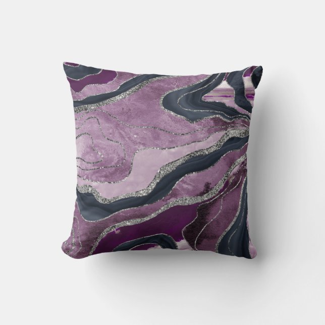 Navy Blue Pink Marble Agate Silver Glitter Glam #1 Throw Pillow (Front)
